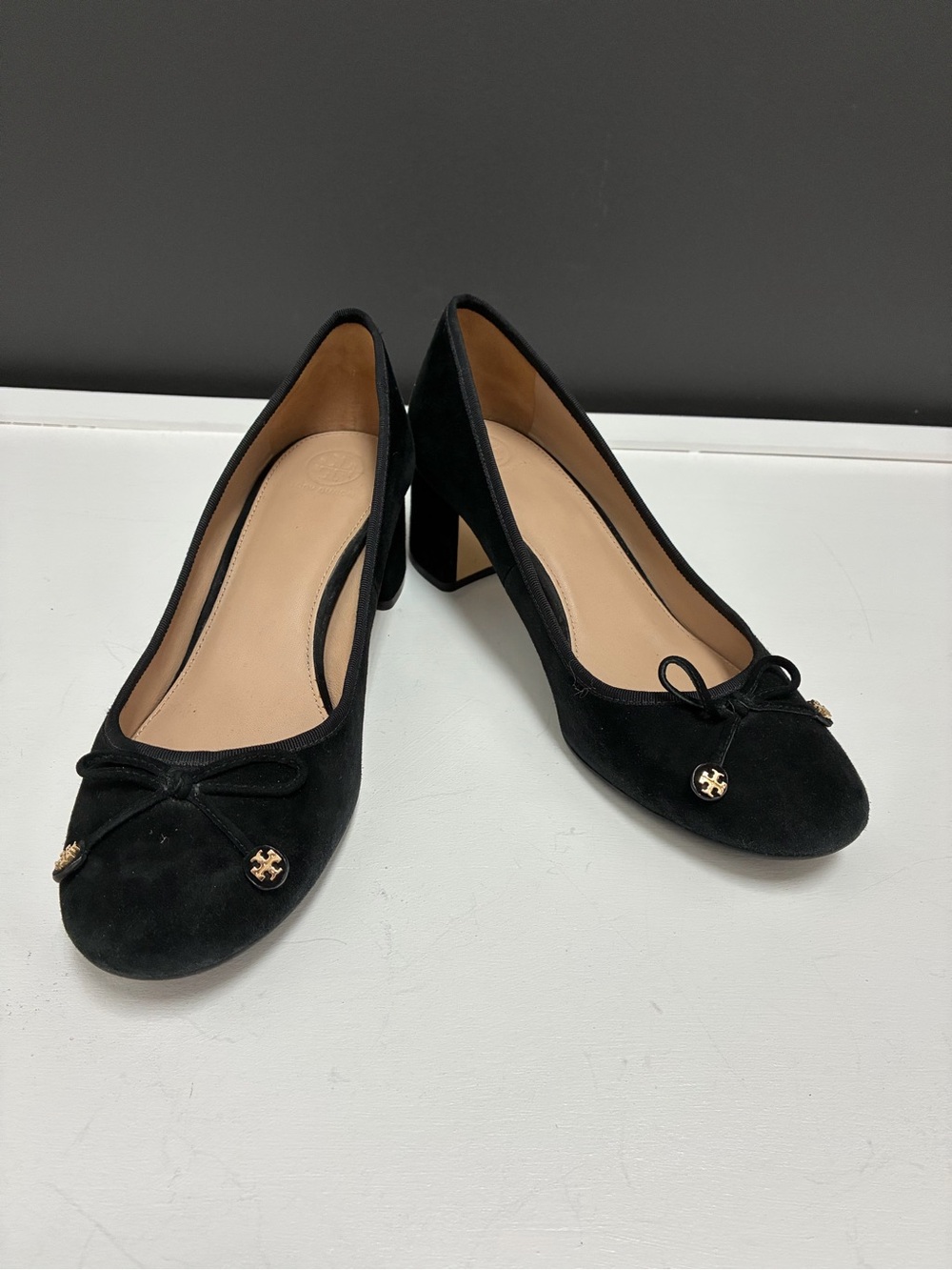 Tory Burch Black Suede Block Heel Pumps with Bow